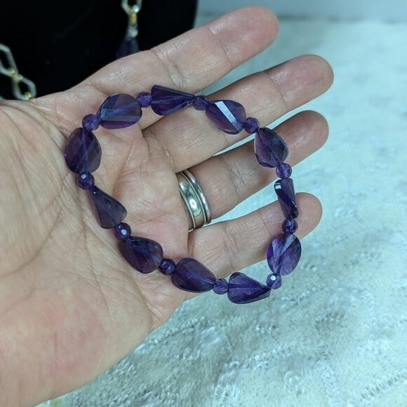 Vintage Estate Amethyst? Ametrine? Beaded Gold Tone Necklace Earrings Bracelet - Picture 9 of 10